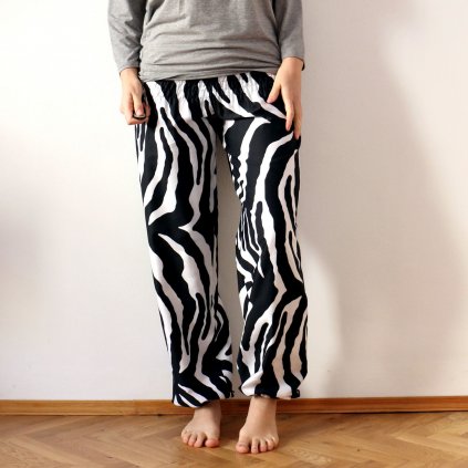 Harémovky / bavlněný satén / zebra (Barva Černá, Velikost ušití na míru - do 2-4 týdnů, Šířka nohavic Zúžené)