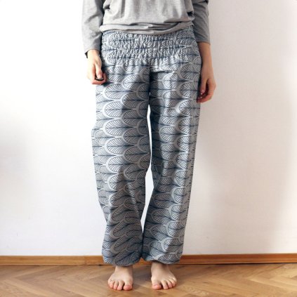 Harémovky / bavlna / vzor / šedá + modrá (Velikost M/L, Šířka nohavic Zúžené)