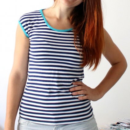 Tričko proužky + tyrkys (Barva Tmavě modrá, Velikost XS)