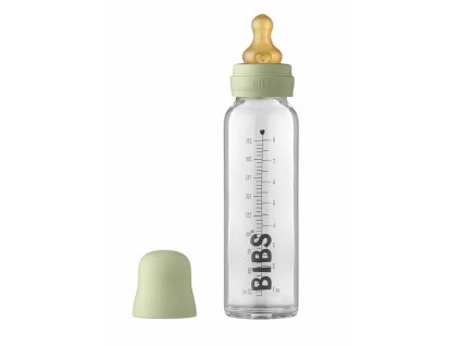 BIBS BABY BOTTLE fľaša – 1x sklenená fľaša 100% prírodný kaučuk, 225ml „SAGE“ (svetlo zelená)