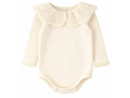 Rebrované body/blúzka s čipkovaným golierom - krémová