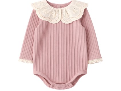 Rebrované body/blúzka s čipkovaným golierom - ružová