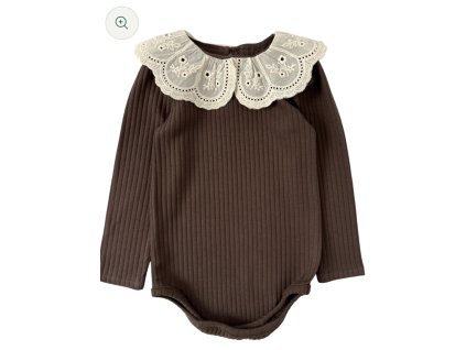 Rebrované body/blúzka s čipkovaným golierom - hnedá