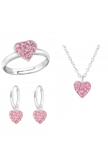 Stříbrný dětský set srdce light Rose - náušnice, náhrdelník, prstýnek