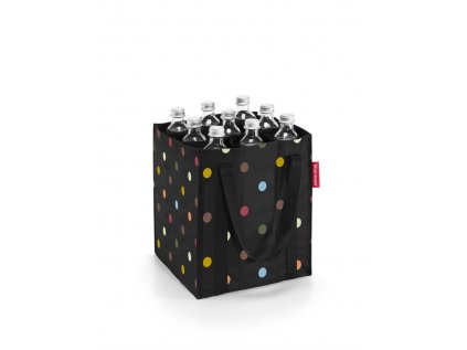 Nákupná taška na fľaše BOTTLEBAG dots z vodeodolného polyesteru 24x28x24 cm v čiernej farbe s farebnými bodkami, Reisenthel
