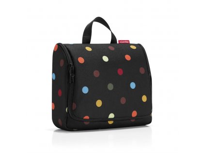 Kozmetická taška TOILETBAG XL dots z vodeodolného polyesteru 28x25x10 cm v čiernej farbe s bodkami farebnými, Reisenthel