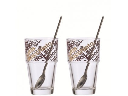 Pohár na latte SOLO s lyžičkou SET/2ks 370 ml P:9 cm V:20 cm zo skla v čírej farbe s dekorom, Leonardo