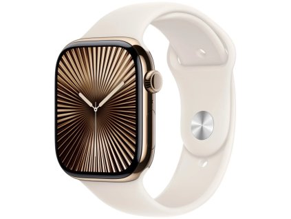 apple watch series 10 gps cellular 42mm gold titanium case with starlight sport band m l mx073qc a ien529675
