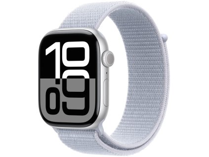 apple watch series 10 gps cellular 46mm silver aluminium case with blue cloud sport loop mwy23qc a ien529672