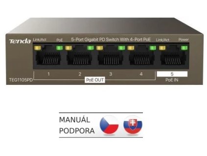 Tenda TEG1105PD PoE PD Gigabitový prepínač, 1x PoE IN, 4x PoE OUT 802.3af, 5x 1 Gbps, max. 30W, bez ventilátora