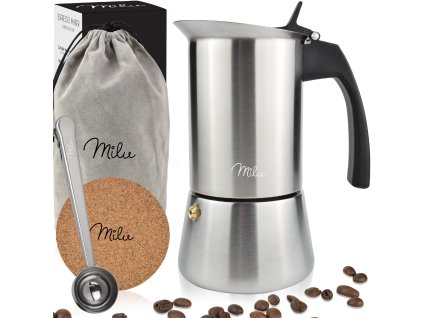 Moka konvička na všechny typy vařičů včetně indukce - nerezová ocel - na 4 šálky(200ml) - černé madlo