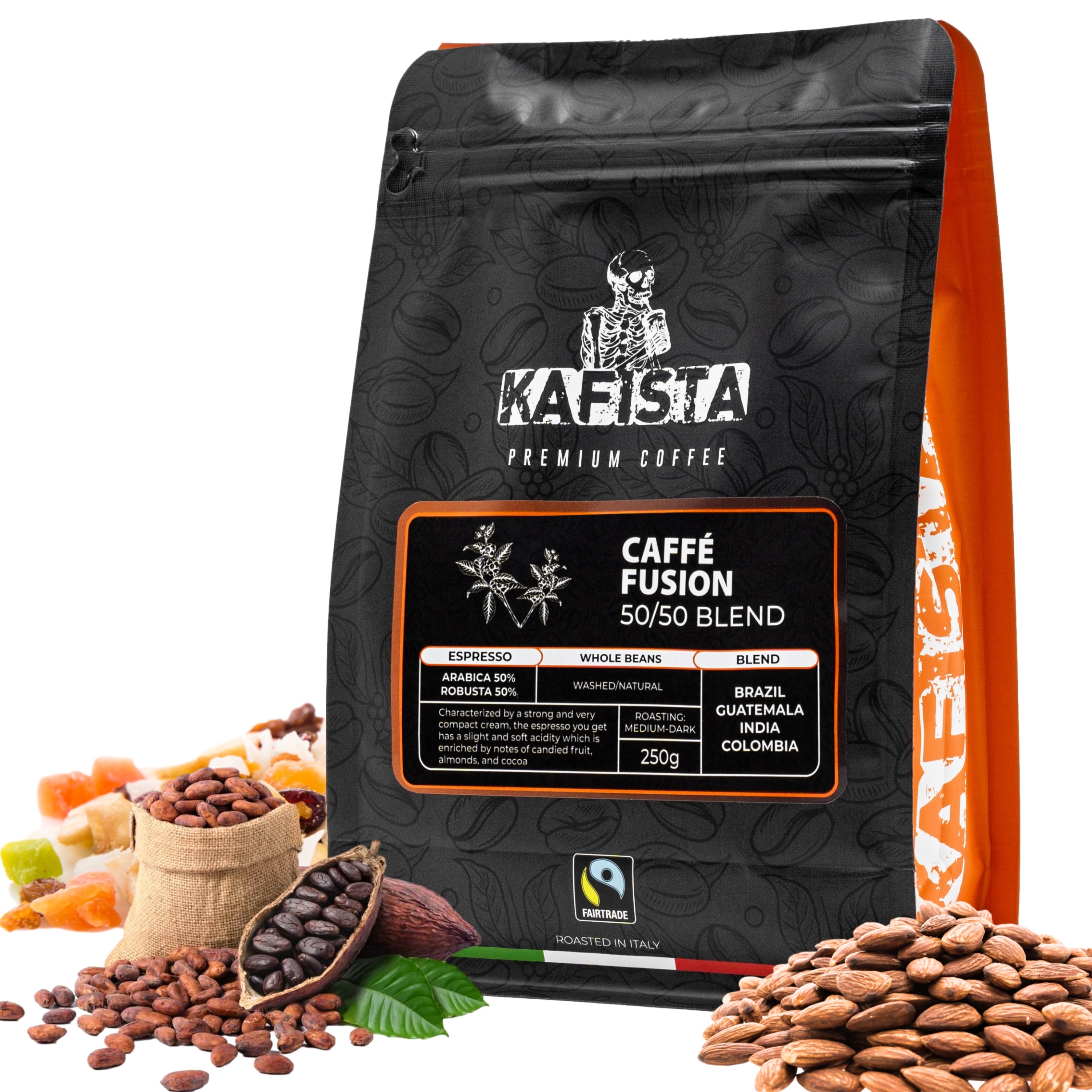 Kafista Zrnková Káva "Caffé Fusion 50/50" – Pražená v Itálii, Směs Arabica & Robusta - na espresso Množství: 250g