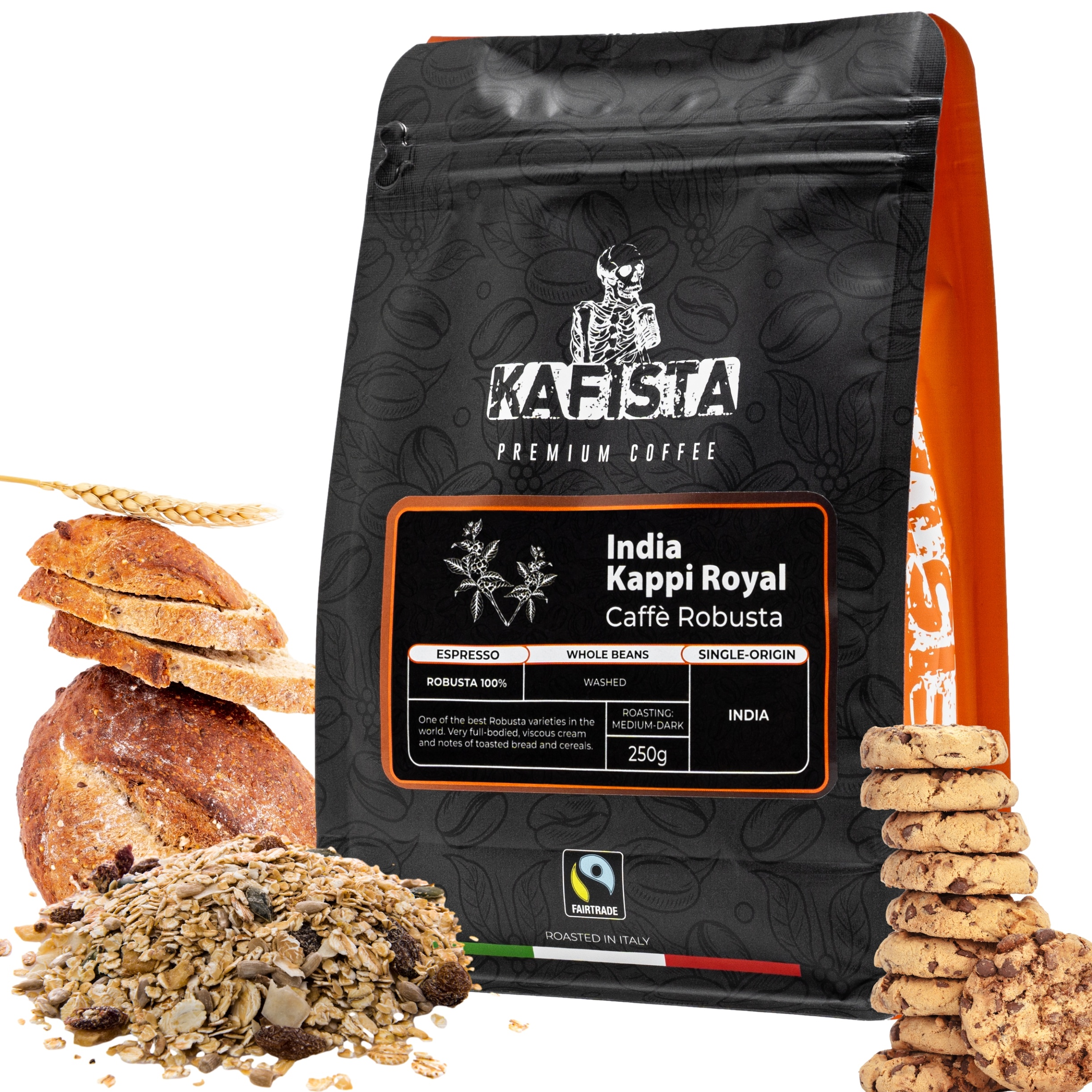 Kafista "India Kappi Royal" - 100% Robusta Single Origin Káva, Pražená v Itálii - zrnková káva ideální na espresso Množství: 750g (3x250g)