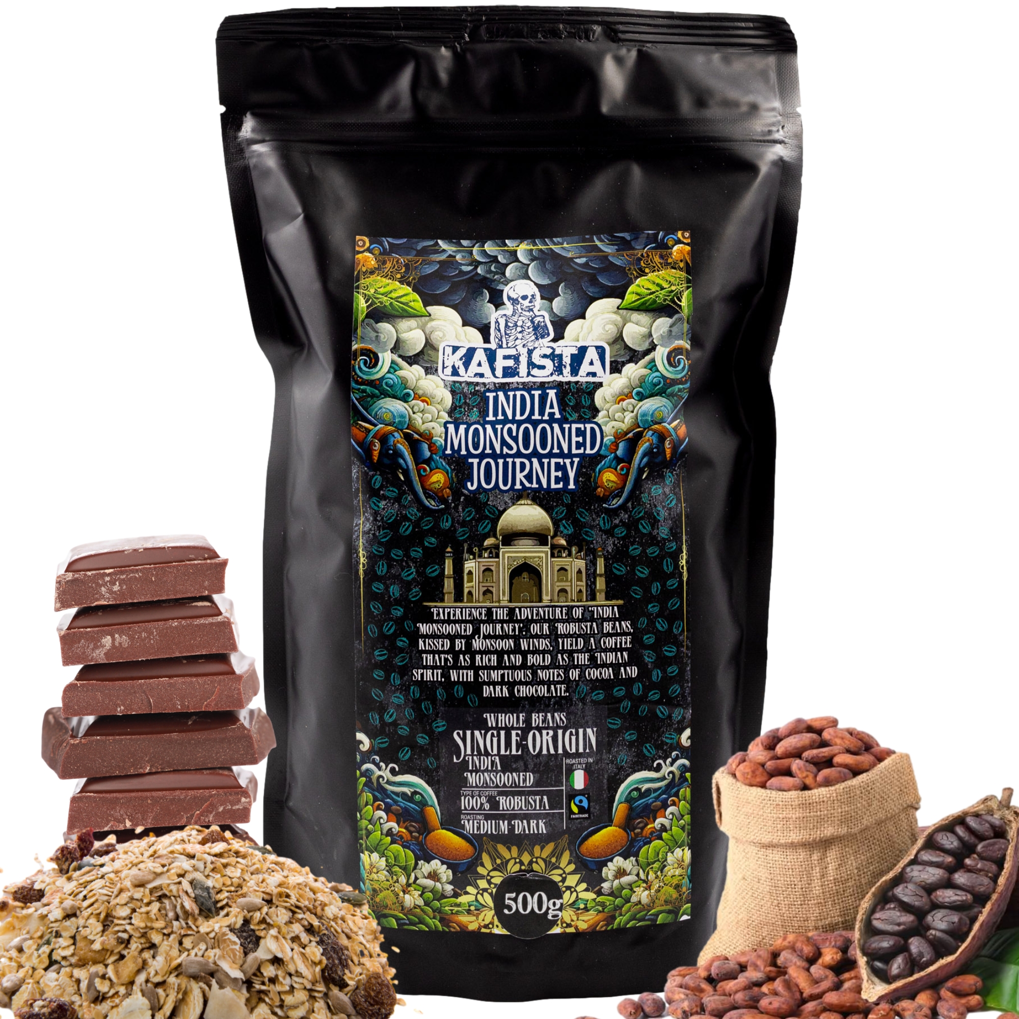 Kafista zrnková káva "India Monsooned Journey" - zpracování monzunováním - 100% Robusta - Fairtrade - vhodné na espresso a plně automatické kávovary…
