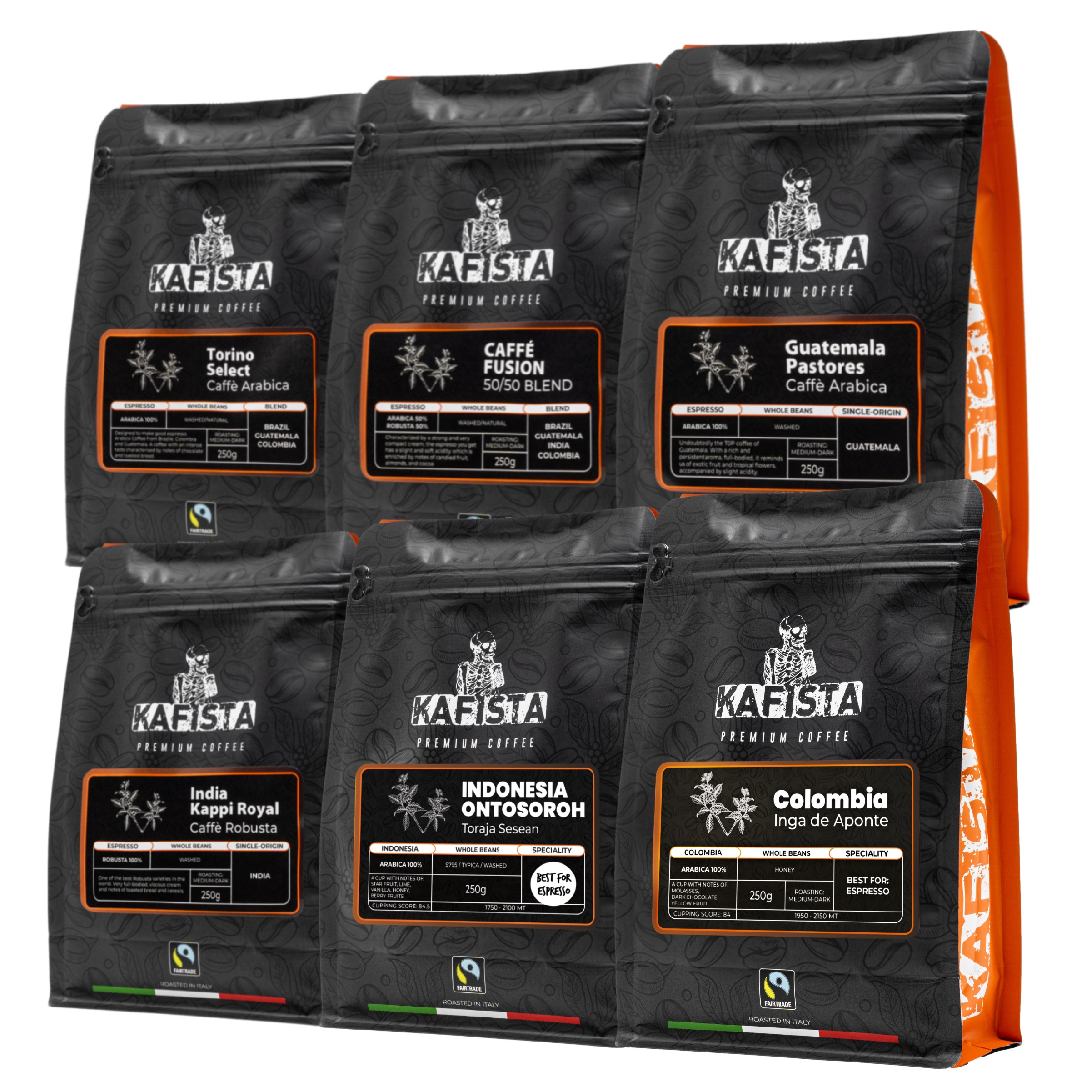 Kafista espresso pack 6x250g - Zrnková káva, Praženo v Itálii, Fiartrade, SCA (na esresso a automatické kávovary))