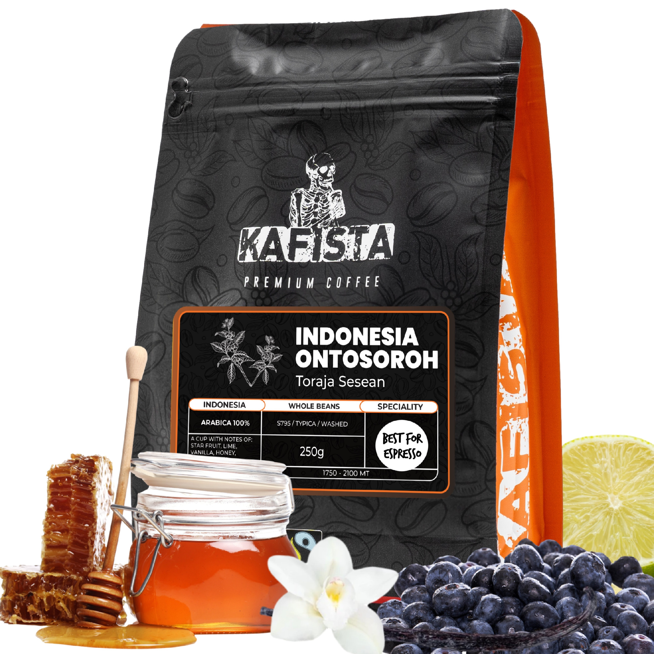 Výběrová káva Kafista "Indonesia Ontosoroh" - Zrnková Káva - 100% Arabica - Praženo v Itálii - perfektní pro espresso Množství: 250g