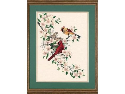 1516 Cardinals in Dogwood - Kardinálové v dřínu (plné vyšívání)