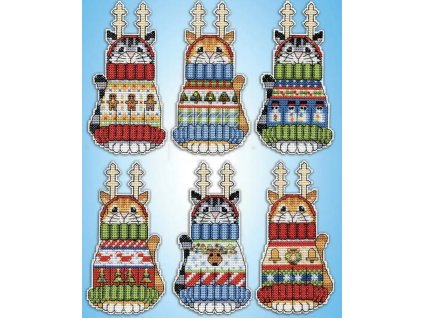 DW-5968 Vánoční plastové ozdoby - kočky ve svetrech (6ks)