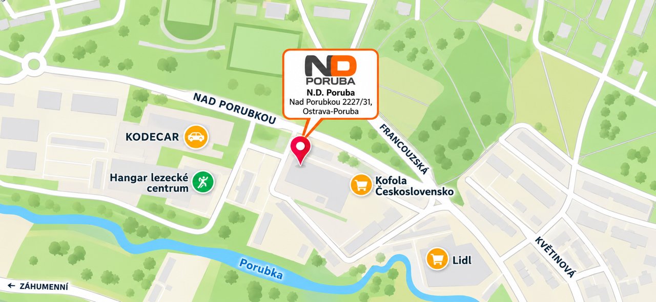 Mapa – prodejna N.D. Poruba, Nad Porubkou 2227/31, Ostrava-Poruba (bývalý areál Alpex)
