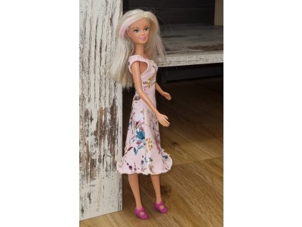 Barbie - české originální oblečky pro panenku - krátké šaty (růžové s květy)