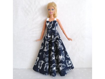 Barbie - české originální oblečky pro panenku - šaty dlouhé modré s motýlky