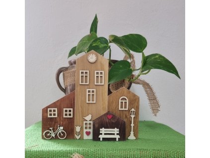 Dřevěné domečky - vesnička s domem s hodinami a červenými srdíčky - 4 ks