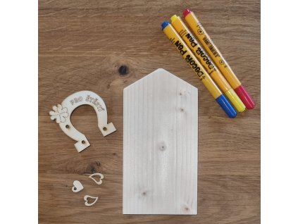 Dřevěný domeček a podkovička pro štěstí - polotovar k dotvoření