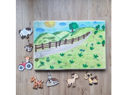 Obraz na dřevě s figurkami - zvířata na louce - polotovar k dotvoření 5