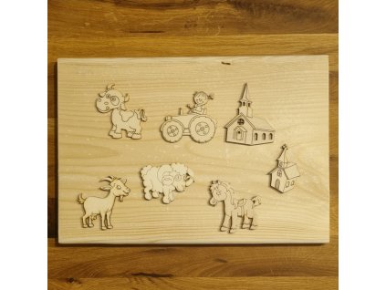 Obraz na dřevě s figurkami - zvířata na louce - polotovar k dotvoření