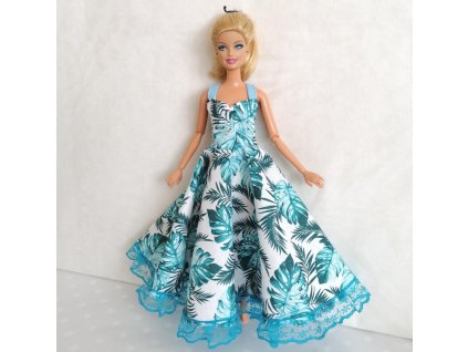 Oblečky pro panenku Barbie - šaty dlouhé s krajkou modré listy monstery