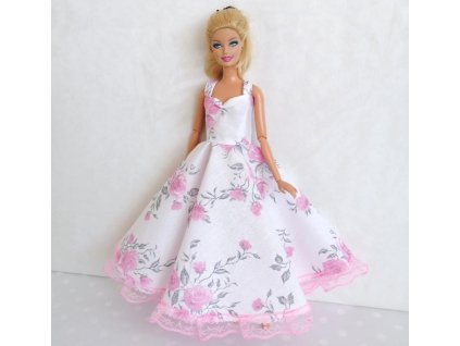 Oblečky pro panenku Barbie - šaty s růžemi dlouhé s krajkou