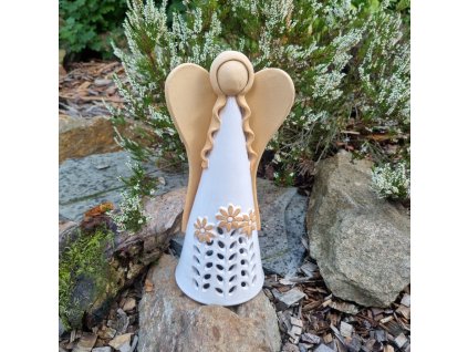 Keramický anděl s kopretinami - dekorace i na  svíčku 30 cm - bílý