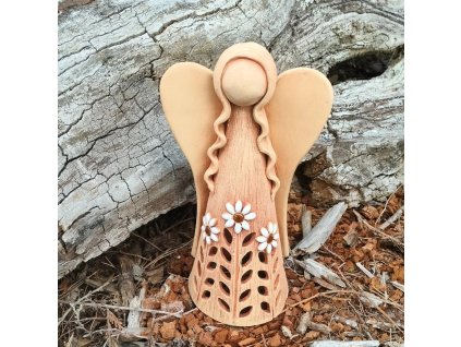 Keramický anděl s kopretinami - dekorace i na  svíčku 30 cm - světlý