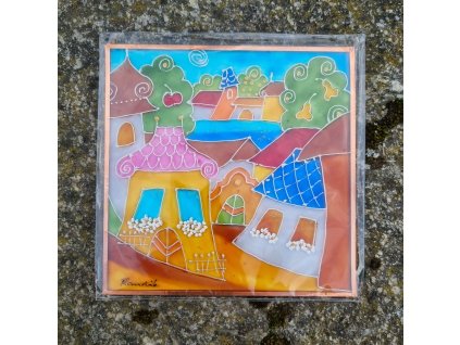 Jihočeská vesnice - malba na skle 15x15 cm