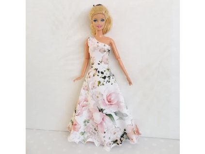 Barbie - české originální oblečky pro panenku - šaty dlouhé s růžemi (bílé)