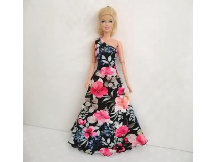 Barbie - české originální oblečky pro panenku - šaty dlouhé černé s červenými květy