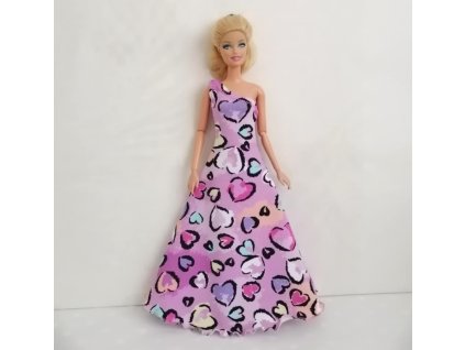 Barbie - české originální oblečky pro panenku - šaty dlouhé fialové se srdíčky