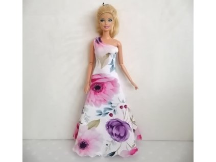Barbie - české originální oblečky pro panenku - šaty dlouhé bílé s barevnými květy
