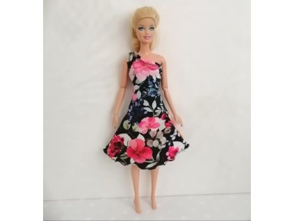 Barbie - české originální oblečky pro panenku - krátké šaty černé s červenými květy