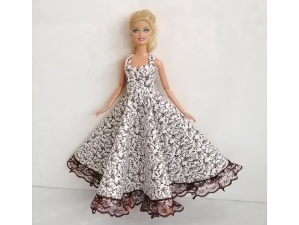 Oblečky pro panenku Barbie - šaty dlouhé s krajkou s hnědým vzorem