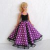 Oblečky pro panenku Barbie - šaty dlouhé s krajkou s puntíky fialove