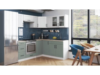 Rohová kuchyňská linka Romana bílá/sv.zelená MAT