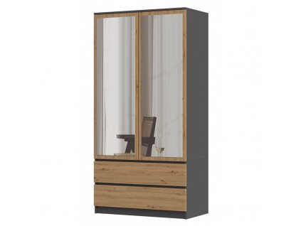 Šatní skříň Malvína 2S-90 antracit/dub artisan/zrcadlo