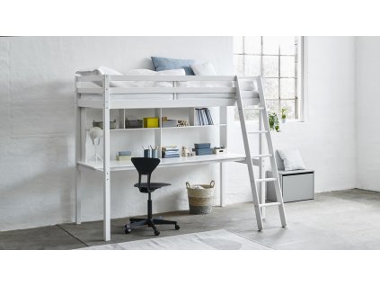 Vysoká postel s pracovní deskou a policemi Actim bílá