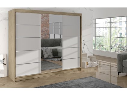 Skříň Debora VI 200 cm - dub sonoma/bílá, výška 215 cm, hloubka 58 cm