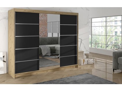 Skříň Debora VI 200 cm  - dub artisan/černá, výška 215 cm, hloubka 58 cm