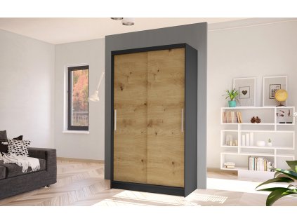 Skříň Kosta I 100 cm - černá/dub artisan, výška 200 cm, hloubka 58 cm