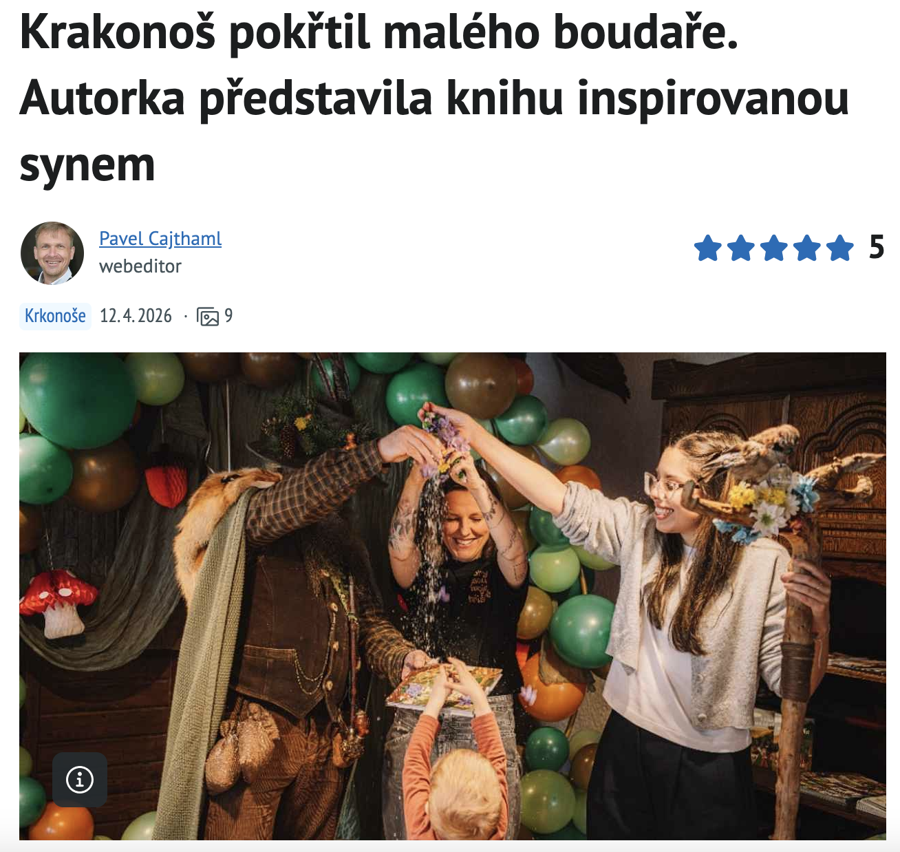 Krakonoš pokřtil malého boudaře. Autorka představila knihu inspirovanou synem