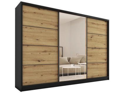 Šatníková skriňa HARAZIA 250 so zrkadlom, 4 šuplíky a 2 šatníkovými tyčami, čierny mat/dub artisan