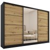 Šatníková skriňa HARAZIA 250 so zrkadlom, 4 šuplíky a 2 šatníkovými tyčami, čierny mat/dub artisan